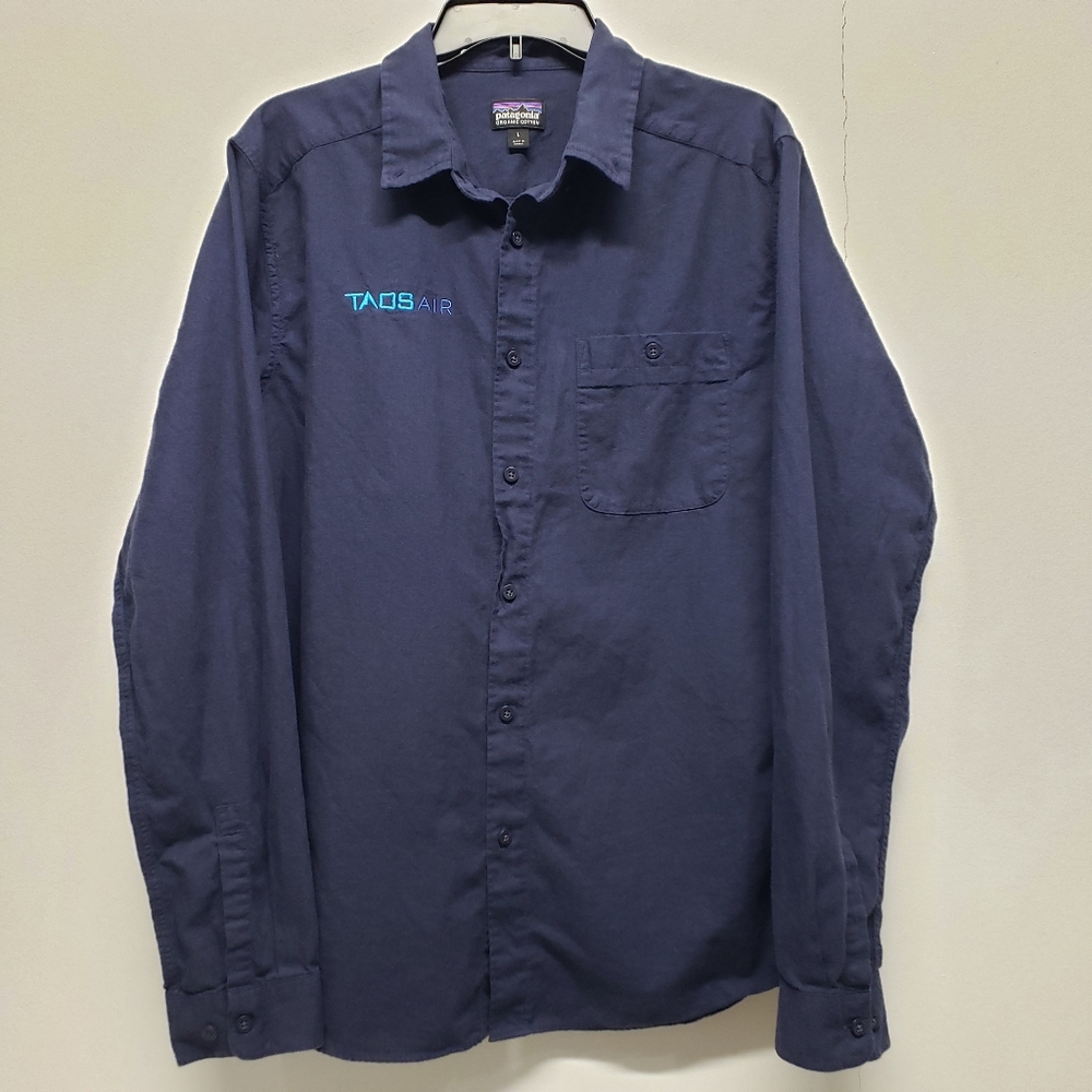 Patagonia Mens Button Up Long Sleeve Shirt Large Navy TAOS AIR Company Logo